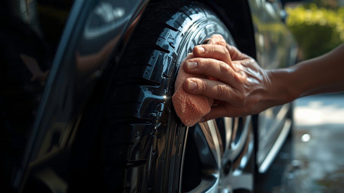 洗車後のタイヤの側面をクロスで拭いている手元